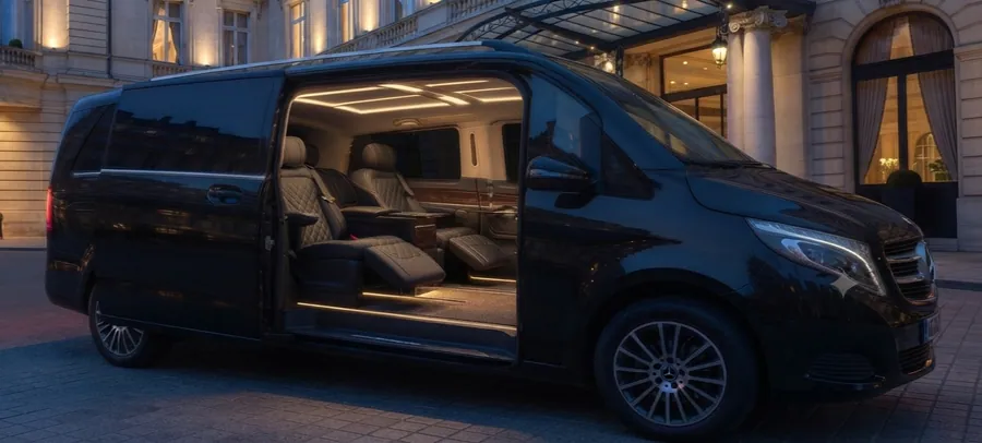 Mercedes-Benz V-Klasse mit geöffneter Schiebetür und Blick auf die Sitze